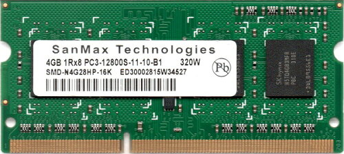 JAN 4571453192773 SanMax Technologies PC3-12800S DDR3-1600 4GB SO-DIMM 204pin ノートパソコン用メモリ SMD-N4G28HP サンマックス・テクノロジーズ株式会社 パソコン・周辺機器 画像