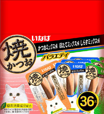 JAN 4901133636455 焼かつお 成猫用 バラエティパック 3種類の味(15g*36本入) いなば食品株式会社 ペット・ペットグッズ 画像