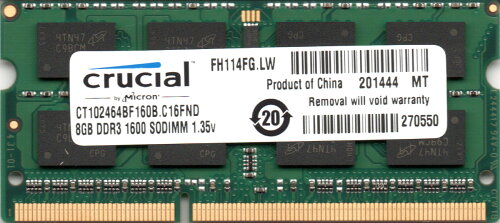 UPC 0163120796595 Crucial 低電圧メモリ PC3L-12800S DDR3L-1600 8GB SO-DIMM 204pin CT102464BF160B パソコン・周辺機器 画像